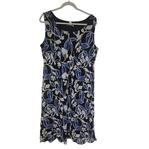 Vintage 90s Dressbarn Woman Black Blue White Floral Sleeveless Sheath Dress 18W